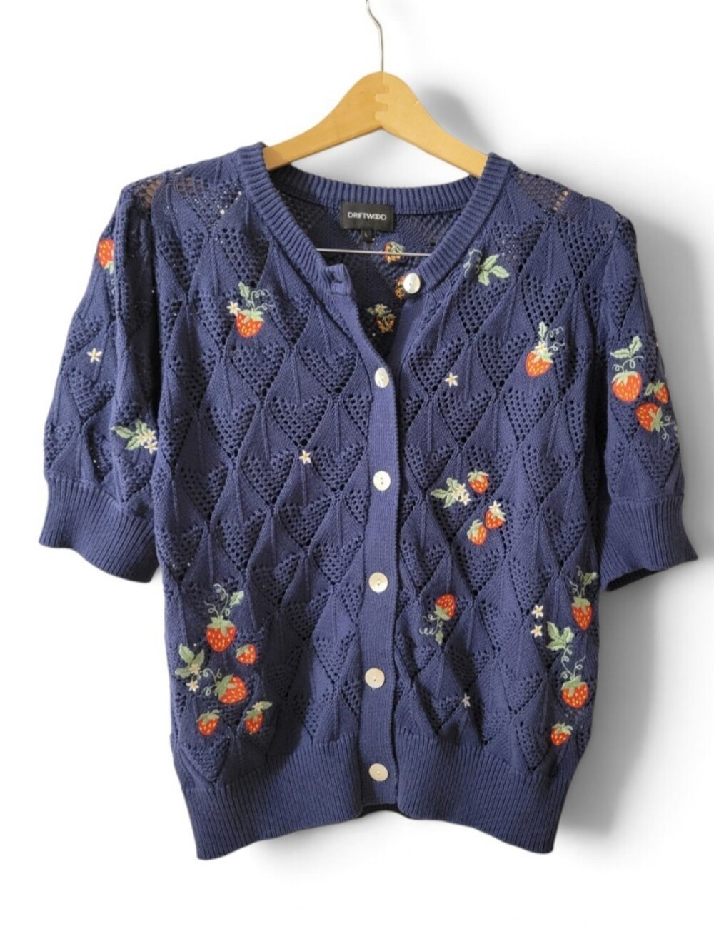 Driftwood Strawberry Embroidered Puff-Sleeve Cardigan